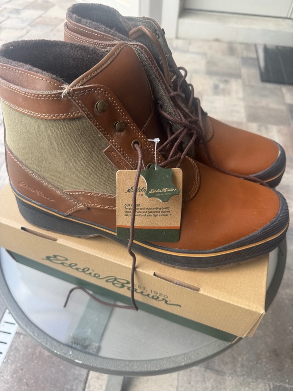 Eddie Bauer Chestnut Leather and Olive Canvas Lace-Up Trinity Boots